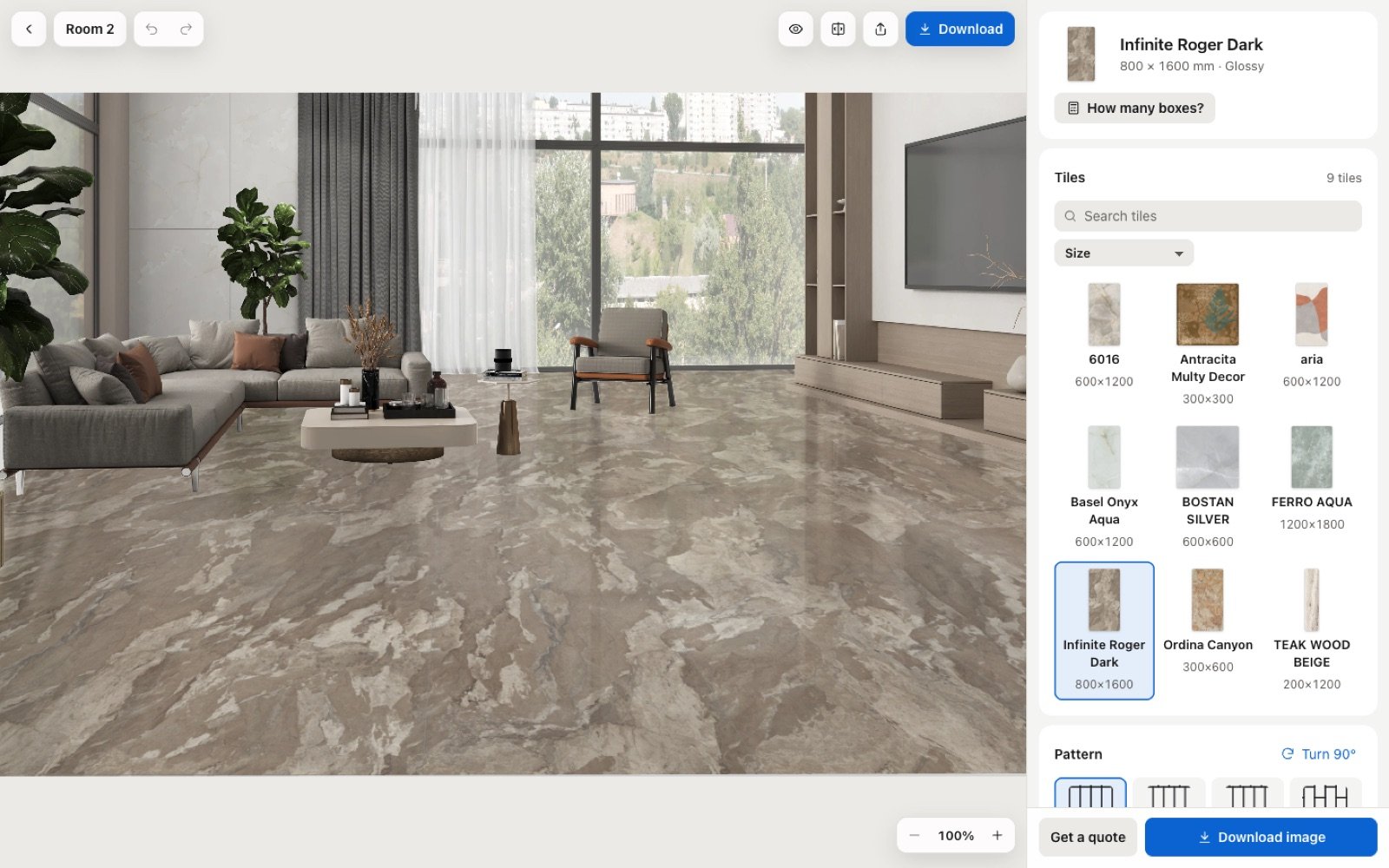 The Tileket studio: a living room with a marble floor, and the tile, pattern and grout controls beside it